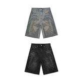 WANNA LAB 26SS floral font hot stamping sequin leather brand washed denim seven quarter shorts