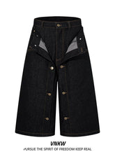 American retro double waisted original cowhide multi button denim cropped pants, men's and women's loose wide leg versatile workwear shorts