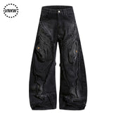 China-Chic Super Heavy Industries worn and deconstructed raw edge scimitar jeans men and women's waste earth style loose wide leg black gray trousers