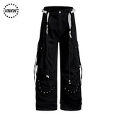 American functional style pleated rivet multi pocket wide leg work pants, loose straight leg hanging chain decoration, cool casual pants