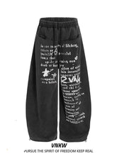 American street retro letter printed wide leg pants for men and women, heavy weight, loose drawstring, curved knife, sports and casual sweatpants, trendy