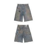 WANNA LAB 26SS horse racing hand drawn graffiti dirty dye logging rough edges denim seven quarter shorts