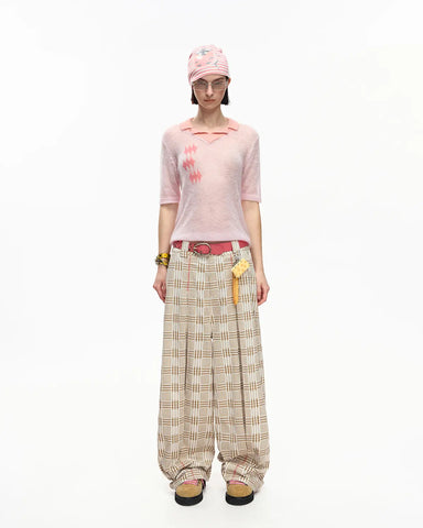 EMO Vintage Plaid Balloon Trousers Beige