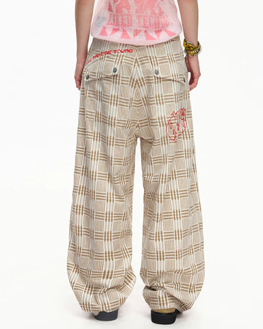 EMO Vintage Plaid Balloon Trousers Beige