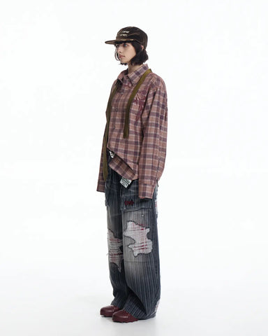 EMO Vertical Stripe Ripped Retro Jeans