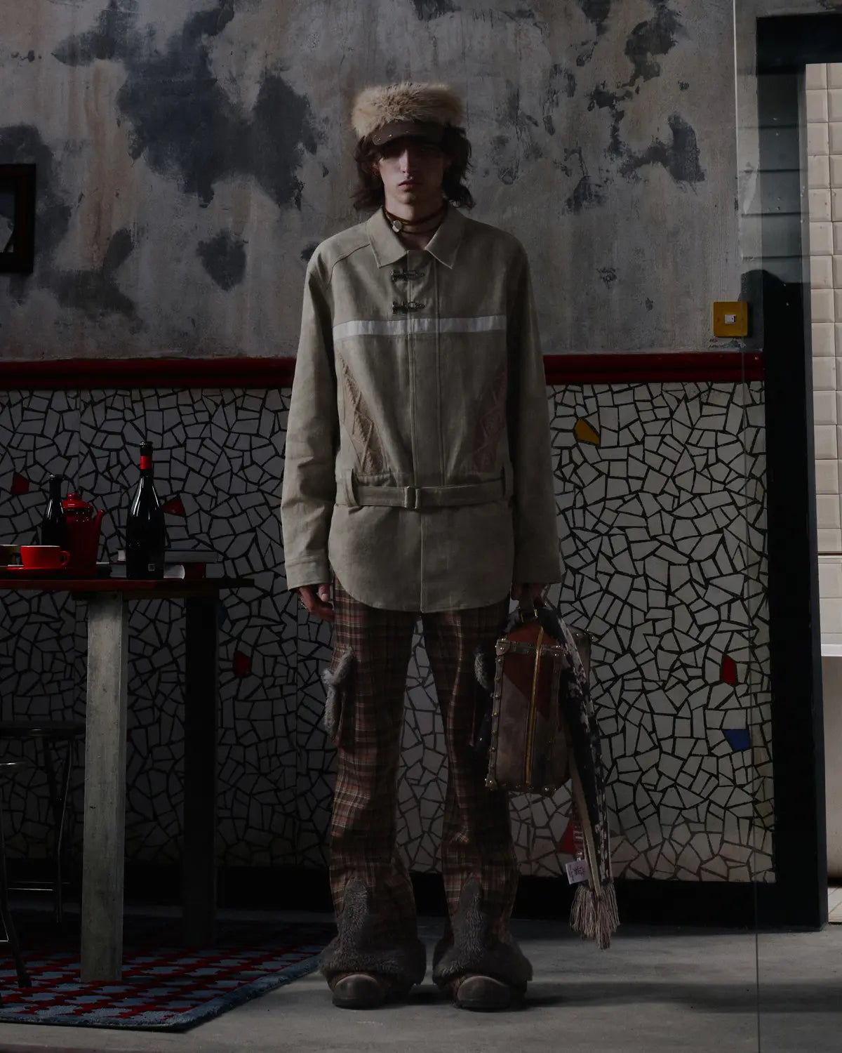 EMO Check Knit-Panel Flare Pants