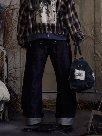EMO "No Money No Peace" Raw Denim Curved Cut Jeans