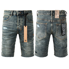 Purple Jeans Men Streetwear Denim Shorts Dark Washed Blue with Distressed Details Raw Hem and Graphic Patch 2004