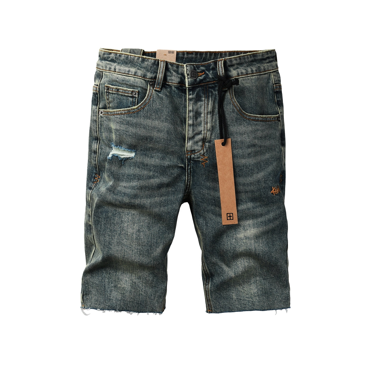 Purple Jeans Men Streetwear Denim Shorts Dark Washed Blue with Distressed Details Raw Hem and Graphic Patch 2004