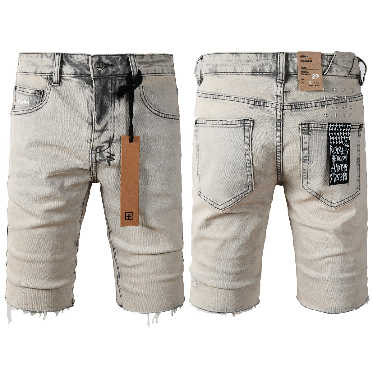 Purple Jeans Men's Washed Beige Denim Shorts with Frayed Hem, Graphic Back Patch, and Urban Streetwear Detailing 2008