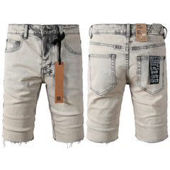 Purple Jeans Men's Washed Beige Denim Shorts with Frayed Hem, Graphic Back Patch, and Urban Streetwear Detailing 2008