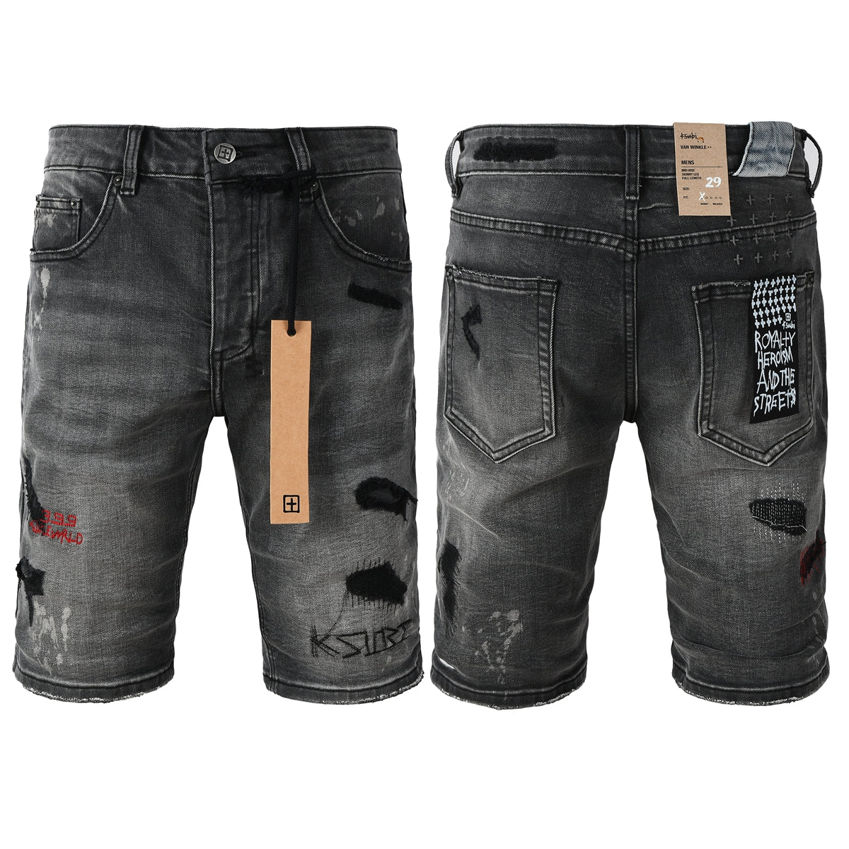 Purple jeans Men's Washed Black Distressed Denim Shorts with Graffiti Patchwork and Urban Street Style Detailing 2009