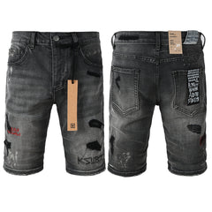 Purple jeans Men's Washed Black Distressed Denim Shorts with Graffiti Patchwork and Urban Street Style Detailing 2009