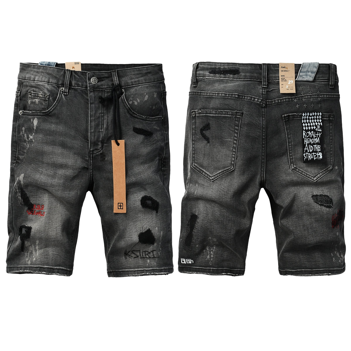 Purple jeans Men's Washed Black Distressed Denim Shorts with Graffiti Patchwork and Urban Street Style Detailing 2009