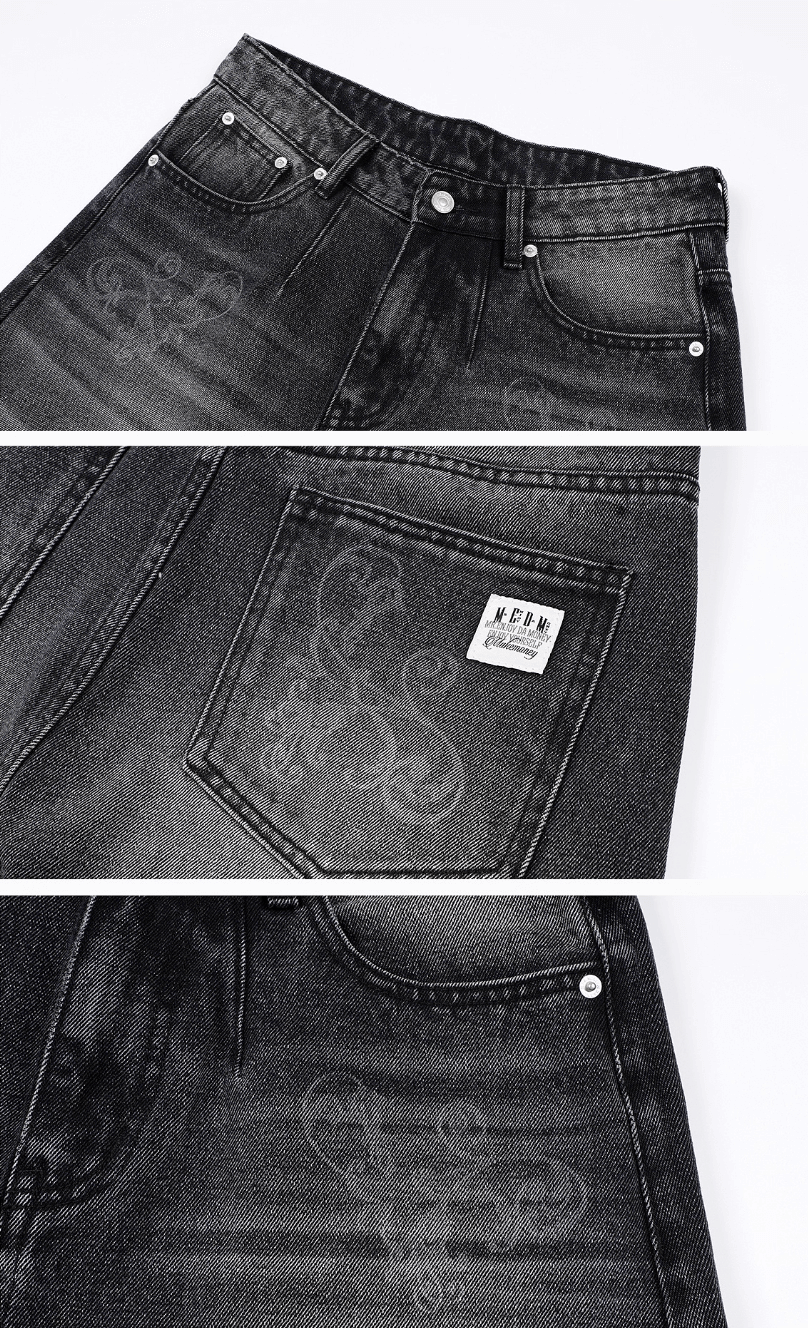 MEDM Flower Vine Laser Burnout Washed Machete Jeans