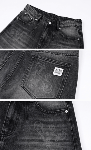 MEDM Flower Vine Laser Burnout Washed Machete Jeans
