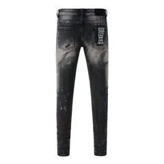Purple Jeans Street Style Black Ripped Jeans with Frayed Knee Accents 3027