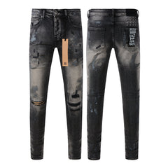 Purple Jeans Street Style Black Ripped Jeans with Frayed Knee Accents 3027