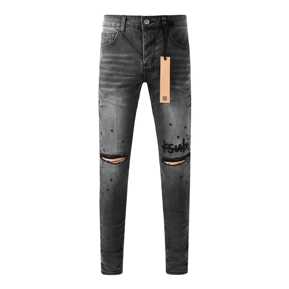 Purple Jeans Men Streetwear Jeans Washed Black with Ripped Knees Paint Splatter and Graphic Patch 3034
