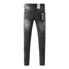 Purple Jeans Men Streetwear Jeans Washed Black with Ripped Knees Paint Splatter and Graphic Patch 3034