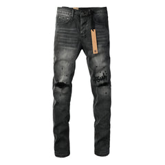 Purple Jeans Men Streetwear Jeans Washed Black with Ripped Knees Paint Splatter and Graphic Patch 3034