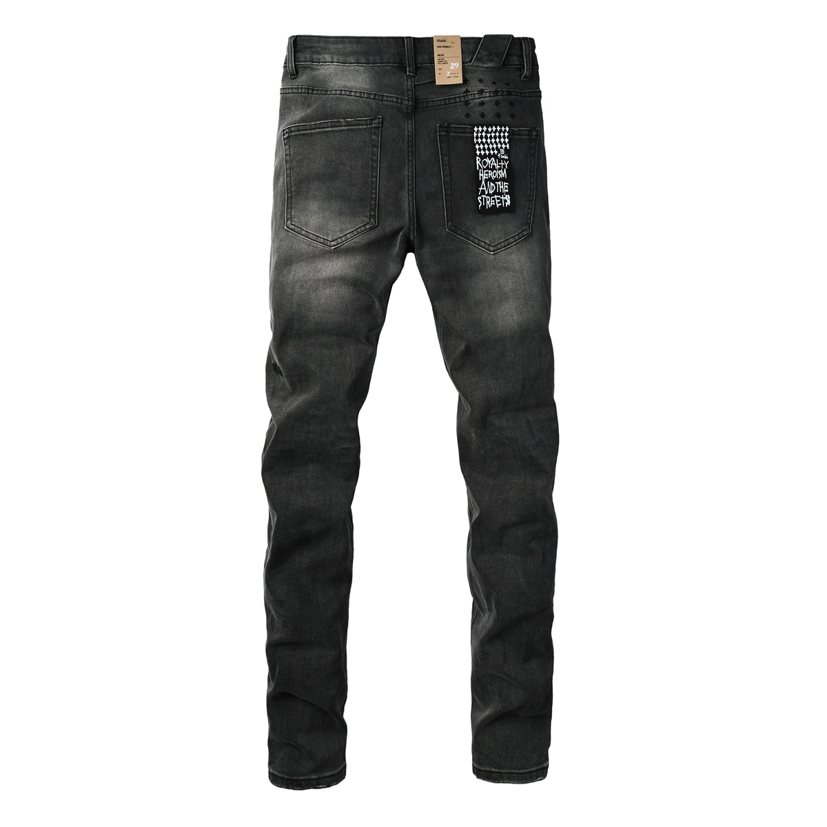 Purple Jeans Men Streetwear Jeans Washed Black with Ripped Knees Paint Splatter and Graphic Patch 3034