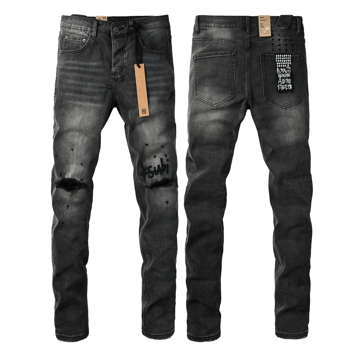 Purple Jeans Men Streetwear Jeans Washed Black with Ripped Knees Paint Splatter and Graphic Patch 3034