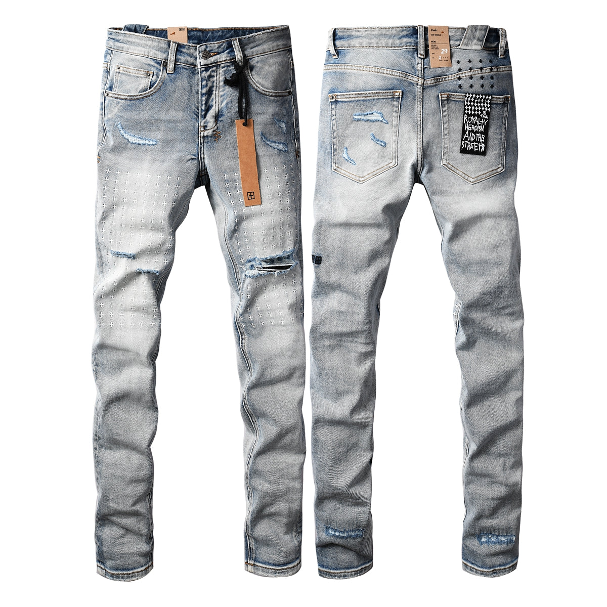 Purple Men's Light Blue Slim Fit Distressed Jeans with Decorative Stitching, Graphic Patchwork, and Urban Street Style 3047