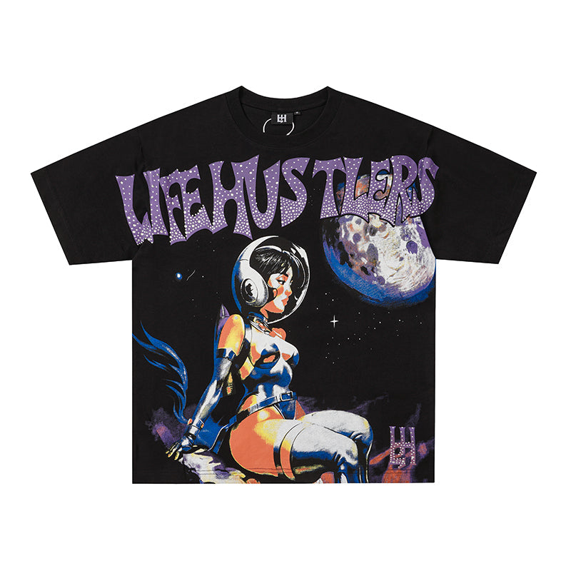 Life Hustlers Space‑Astronaut Graphic Black T‑Shirt