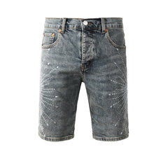 Purple Jeans Men’s Gray Washed Denim Shorts with Shiny Studded Sunburst Pattern Streetwear Fashion Style 5093
