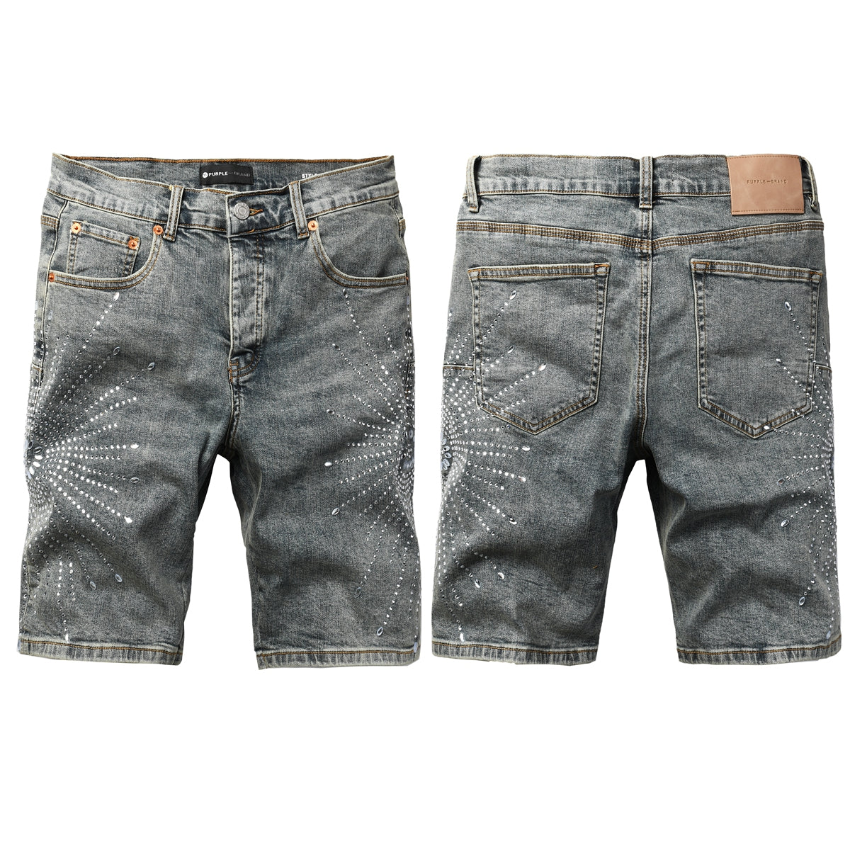 Purple Jeans Men’s Gray Washed Denim Shorts with Shiny Studded Sunburst Pattern Streetwear Fashion Style 5093