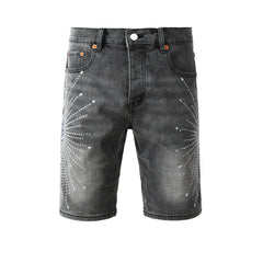 Purple jeans Men’s Grey Washed Denim Shorts with Sparkling Studded Sunburst Design Streetwear Fashion Style 5094