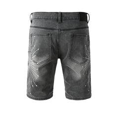 Purple jeans Men’s Grey Washed Denim Shorts with Sparkling Studded Sunburst Design Streetwear Fashion Style 5094
