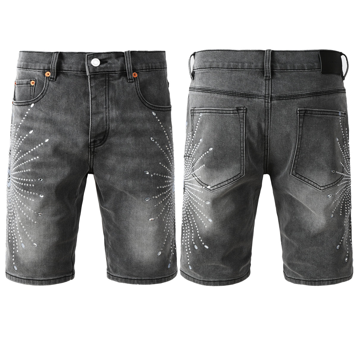 Purple jeans Men’s Grey Washed Denim Shorts with Sparkling Studded Sunburst Design Streetwear Fashion Style 5094