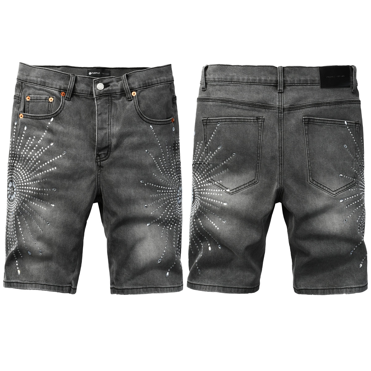 Purple jeans Men’s Grey Washed Denim Shorts with Sparkling Studded Sunburst Design Streetwear Fashion Style 5094