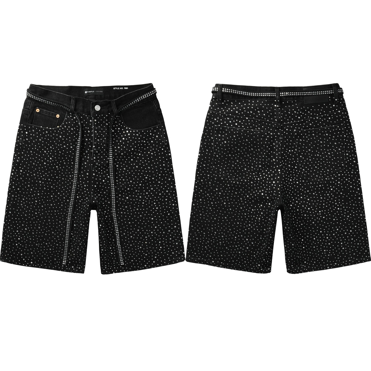 Purple Jeans Mens Black Denim Shorts with Allover Rhinestone Embellishments and Sparkling Party Street Style 5095
