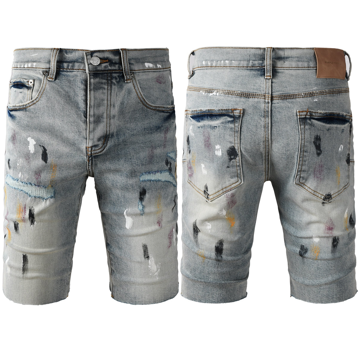 Purple Jeans Men’s Light Blue Paint Splatter Denim Shorts with Distressed Streetwear Look 5101