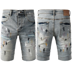 Purple Jeans Men’s Light Blue Paint Splatter Denim Shorts with Distressed Streetwear Look 5101