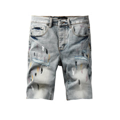 Purple Jeans Men’s Light Blue Paint Splatter Denim Shorts with Distressed Streetwear Look 5101