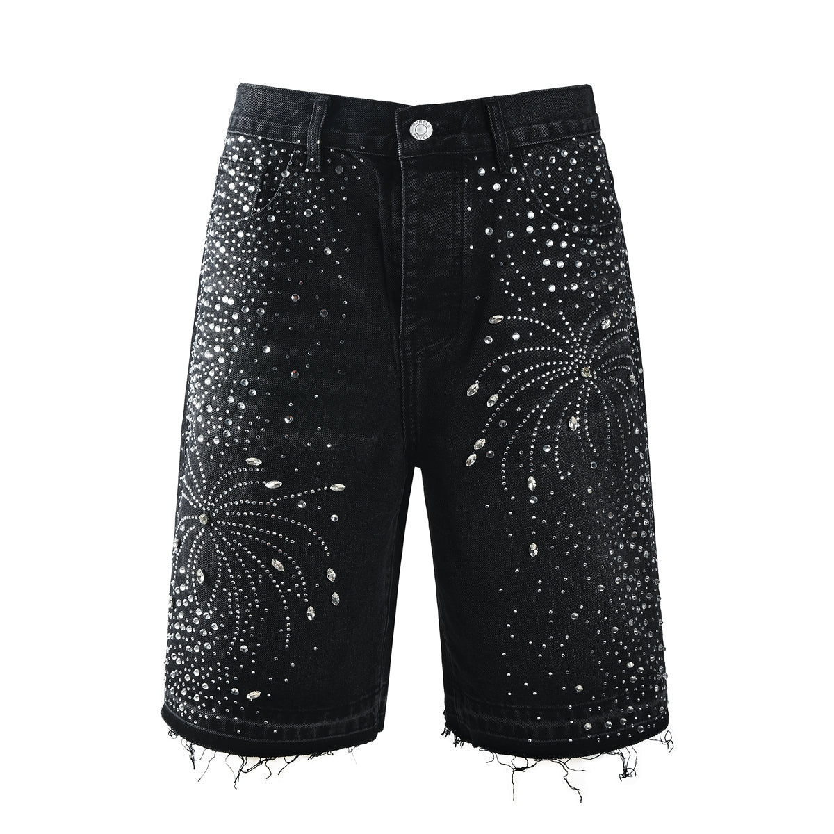 Purple Jeans Men’s Black Rhinestone Denim Shorts with Firework Crystal Design 5103