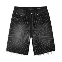 Purple Jeans Men’s Black Denim Shorts with Radiating Studded Stripe Design Raw Hem Streetwear Style 5104