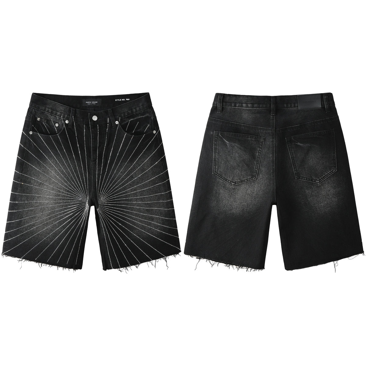Purple Jeans Men’s Black Denim Shorts with Radiating Studded Stripe Design Raw Hem Streetwear Style 5104