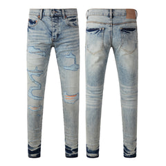 Purple Jeans Men Streetwear Jeans Distressed Light Blue Abstract Ripped Skinny 9093