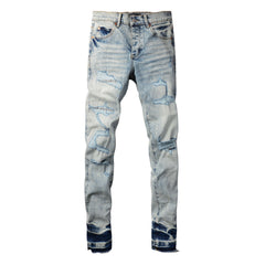 Purple Jeans Men Streetwear Jeans Distressed Light Blue Abstract Ripped Skinny 9093