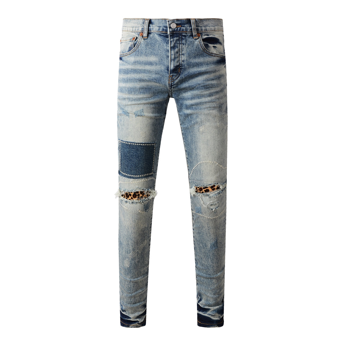 Purple Jeans Men Streetwear Jeans Distressed Light Blue Patch Leopard Ripped Skinny 9095