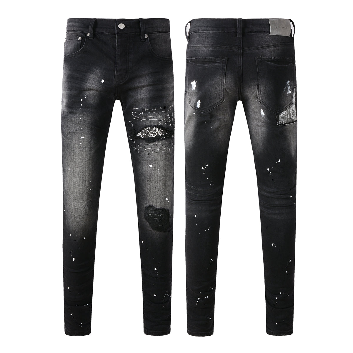 Purple Jeans Men Streetwear Jeans Distressed Black Paint Splash Patch Ripped Skinny 9099