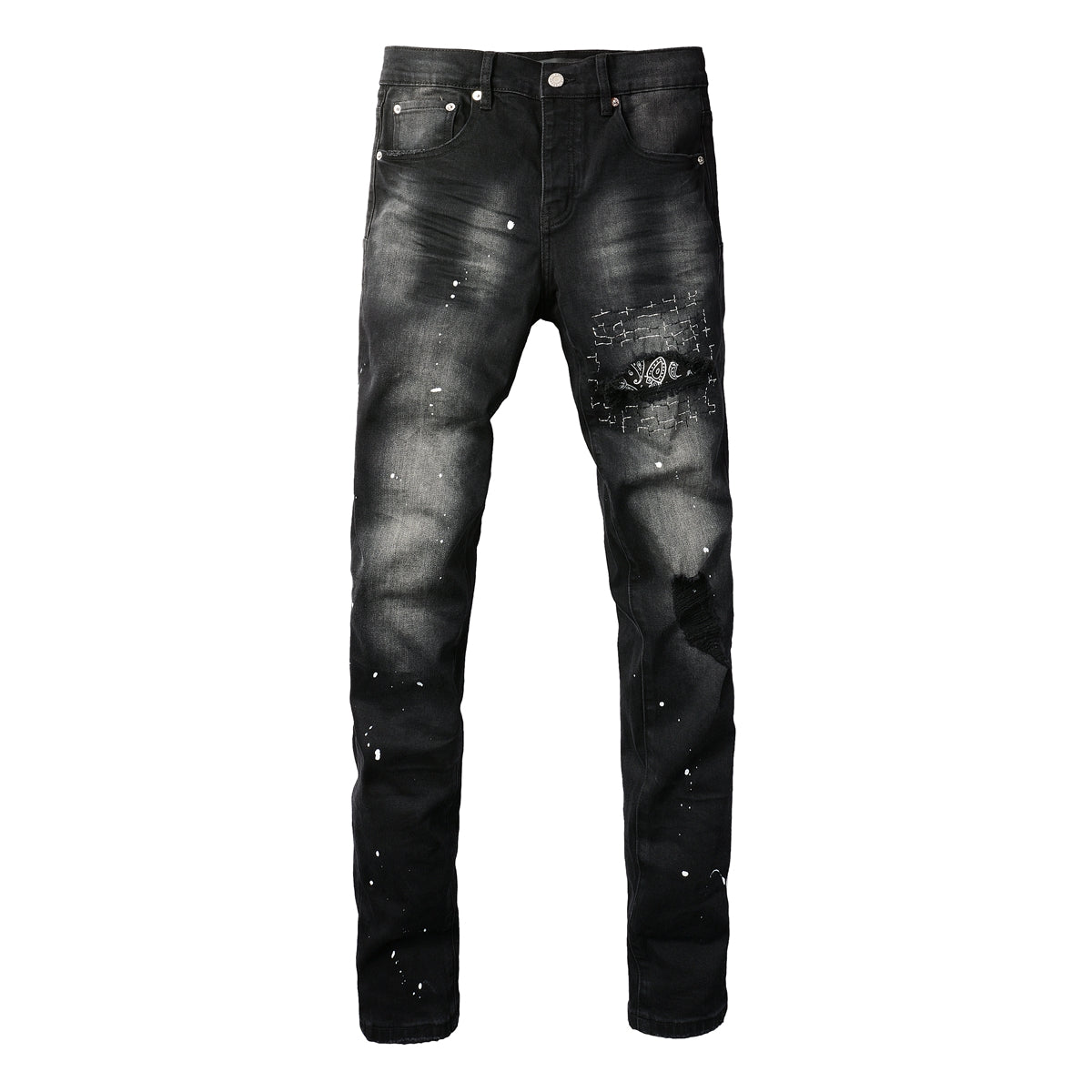 Purple Jeans Men Streetwear Jeans Distressed Black Paint Splash Patch Ripped Skinny 9099