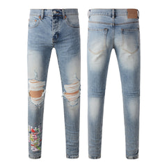 Purple Jeans Men Streetwear Jeans Light Blue Ripped Graffiti Print Distressed Skinny 9101