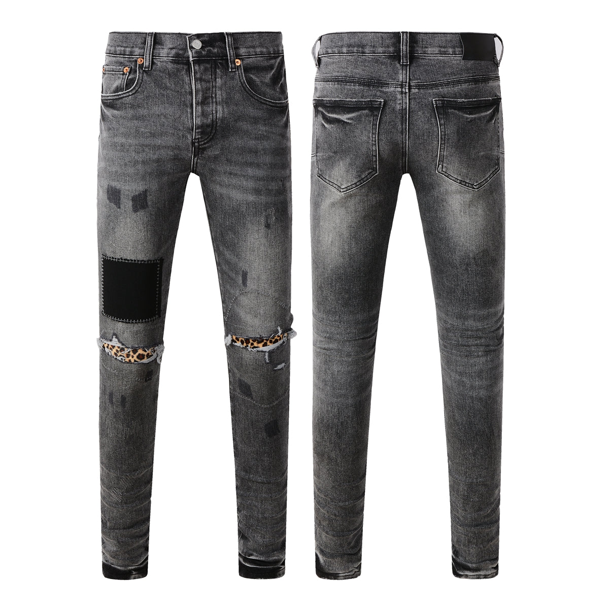 Purple Jeans Men Streetwear Jeans Distressed Grey Ripped Patch Leopard Skinny 9102