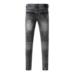 Purple Jeans Men Distressed Grey Washed Skinny Jeans Ripped Scratch Style 9105